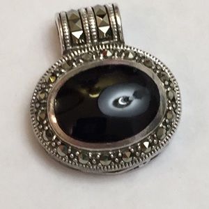Vintage 925 Silver, Marcasite, Onyx Pendant